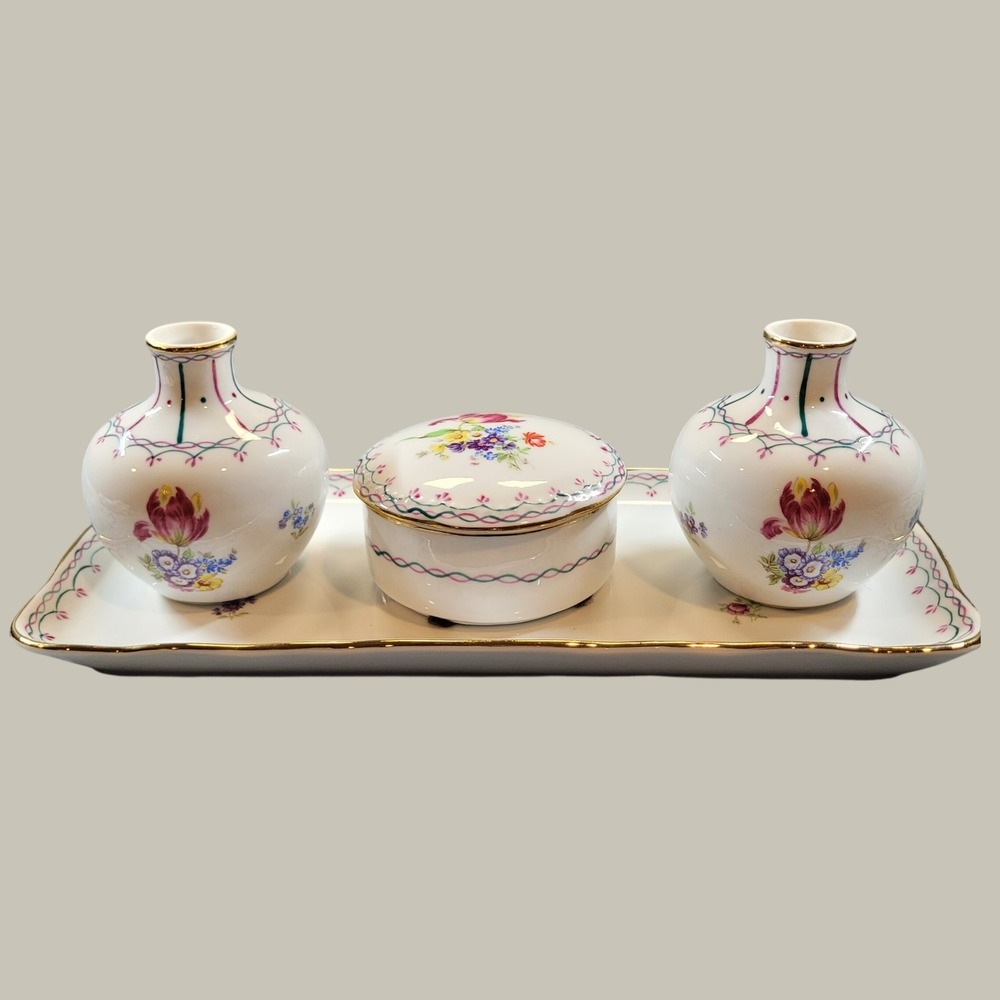 KPM Porcelain Vanity Set 4pc Floral Bud Vases Lidded Trinket Box and Tray
